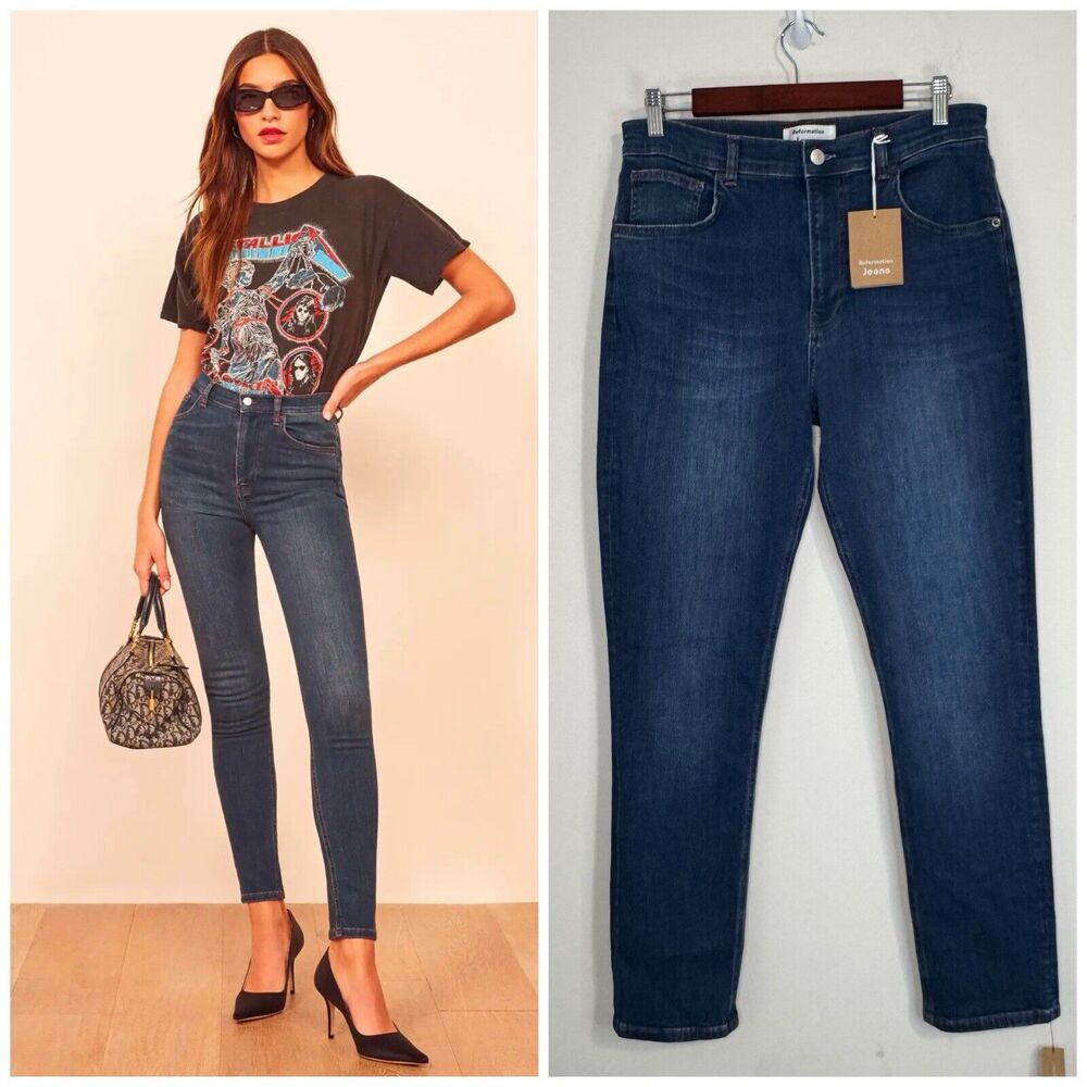 NWT Reformation Harper High Rise Skinny Jeans Size 31 Blue Neris Super Stretch